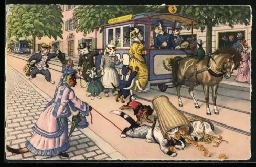 Künstler-AK Katzen besteigen eine Pferdebahn, stolpernder Bäckerjunge