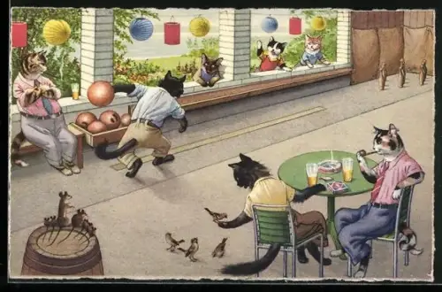 Künstler-AK Max Künzli: Katzen rauchen, trinken und spielen Bowling