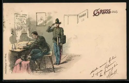 AK Soldat in Uniform sitzt am Schreibtisch