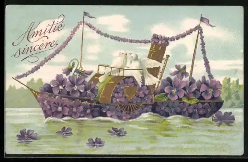 AK Zwei weisse Tauben auf Schiff aus Veilchen, Blumenbild
