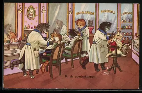 AK Der Frisör nach Künstlerart..., menschliche Katzen, Scherz
