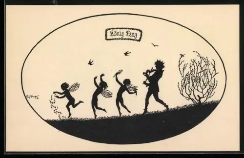 Künstler-AK Elsbeth Forck: Schattenbilder, König Lenz, Geiger und Elfen