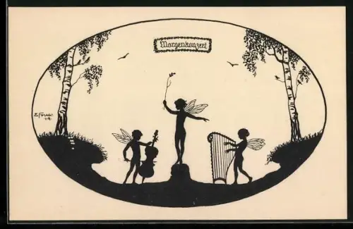 Künstler-AK Elsbeth Forck: Schattenbild, Morgenkonzert, Elfen spielen Kontrabass und Harfe