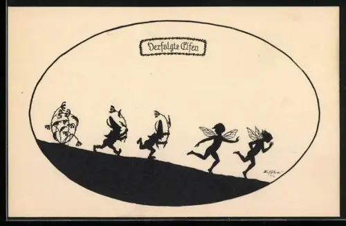 Künstler-AK Elsbeth Forck: Schattenbilder, Verfolgte Elfen, Zwerge