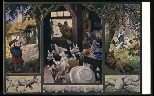 Künstler-AK P. Hey: Der Wolf und die 7 Geisslein, Geissenmutter verlässt das Haus, Wolf erschreckt Geisslein im Haus