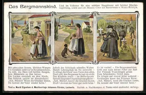 Lithographie Das Bergmannskind, Mutter und Tochter warten auf Vater und trauern am Grab