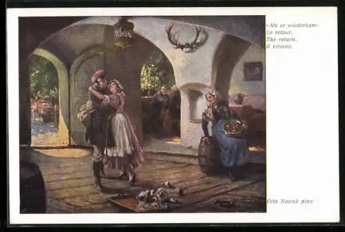 Künstler-AK sign. Otto Nowak: Soldat kehrt zu seiner Frau zurück