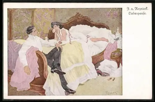 Künstler-AK Ferdinand von Reznicek: Paar auf dem Bett, die Frau leicht bekleidet, Liebespause