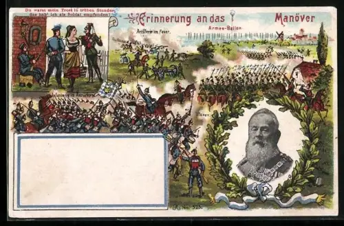 Künstler-AK Artillerie und Infanterie beim Kaisermanöver mit Armee-Ballon, Portrait Kaiserpaar