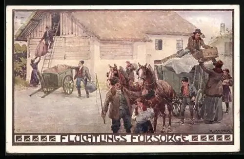 Künstler-AK Richard Moser: Flüchtling-Fürsorge, Beladen einer Pferdekutsche