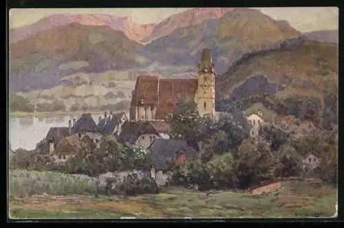 Künstler-AK Fritz Lach: Spitz an der Donau, Ortspartie mit Kirche