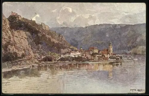 Künstler-AK Fritz Lach: Dürnstein a. D. Donau, Nibelungenweg, Panorama mit Dampfschiff