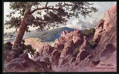 Künstler-AK Fritz Lach: Dürnstein a. Donau, Felsenpartie