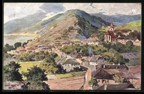 Künstler-AK Spitz a. Donau, Ortsansicht aus der Vogelperspektive