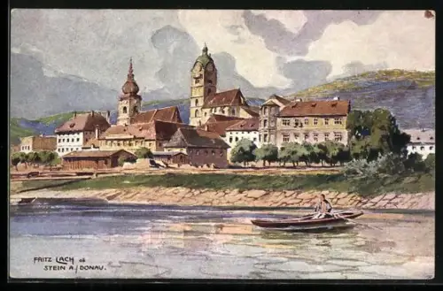 Künstler-AK Fritz Lach: Stein an der Donau, Ruderboot und Kirche