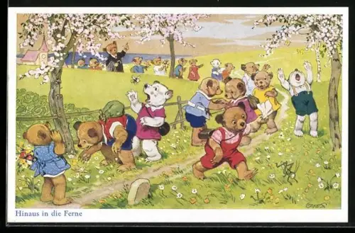 Künstler-AK Fritz Baumgarten: Vermenschlichte Bären machen einen Frühlingsausflug, Hinaus in die Ferne