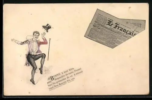 AK Tanzender Mann und Ausschnitt aus Zeitung Le Francais