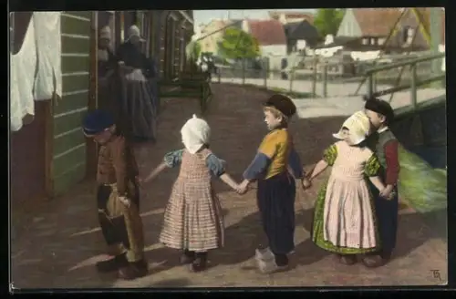 AK Niederländische Kinder in Tracht halten sich an den Händen