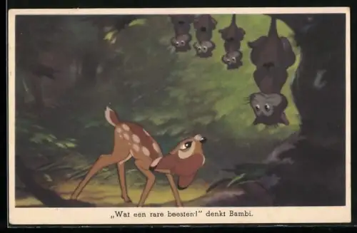 AK Comic Bambi, Bambi bewundert eine von einem Ast hängende Beutelrattenfamilie