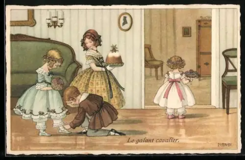 Künstler-AK Pauli Ebner: Kleiner Junge bindet Mädchen den Schuh zu