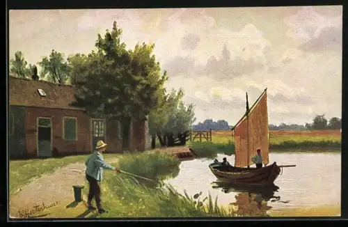 Künstler-AK Johan Georg Gerstenhauer: ländliche Partie mit Segelboot
