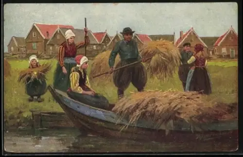 AK Das gesammelte Heu wird auf ein Schiff übergeladen und zur Scheune gebracht