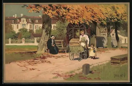 Künstler-Lithographie Paul Hey: Mutter geht mit ihren Kindern spazieren
