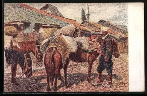 Künstler-AK Mann in Tracht mit Pferden, Bosnien und Hercegovina