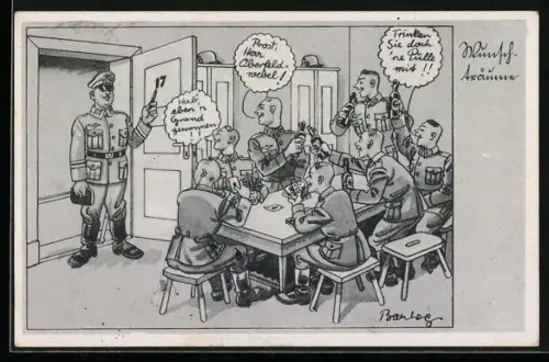 Künstler-AK Barlog: Wunschtraum feiernder Soldaten, dass der Hauptfeldwebel zum Skatspielen kommt