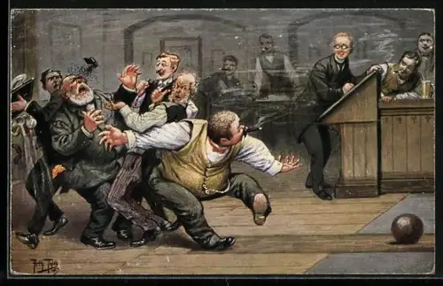 Künstler-AK Arthur Thiele: Betrunkene Kegelspieler auf der Kegelbahn