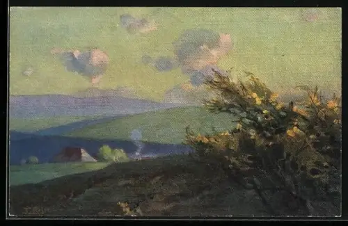 Künstler-AK Fritz Reiss: Frühling im Schwarzwald, Panorama mit blühendem Busch