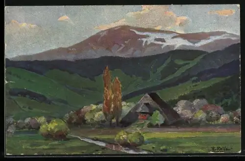 Künstler-AK Fritz Reiss: Frühling im Schwarzwald, Blick zu einem Gebäude am Fuss der Berge