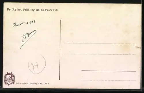 Künstler-AK Fritz Reiss: Frühling im Schwarzwald, Blick zu einem Gebäude am Fuss der Berge