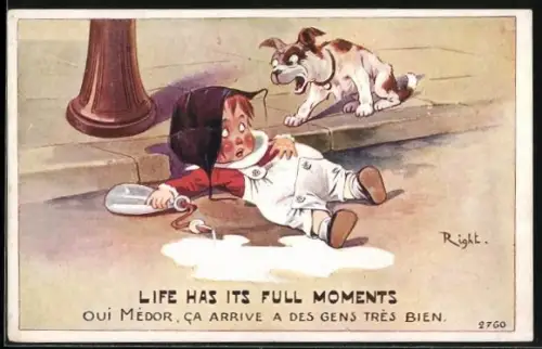 Künstler-AK Right: Life has its full moments, Kind ist hingefallen und wird von einem Hund angebellt