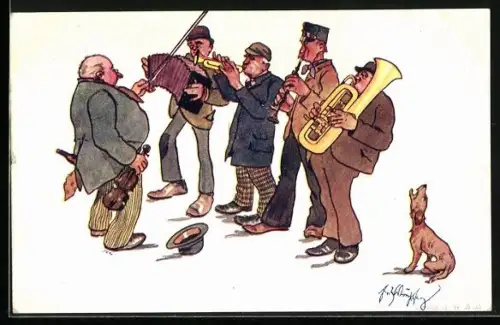 Künstler-AK Fritz Schönpflug: Bettelnde Musikkapelle mit Akkordeon, Trompete & jaulendem Hund