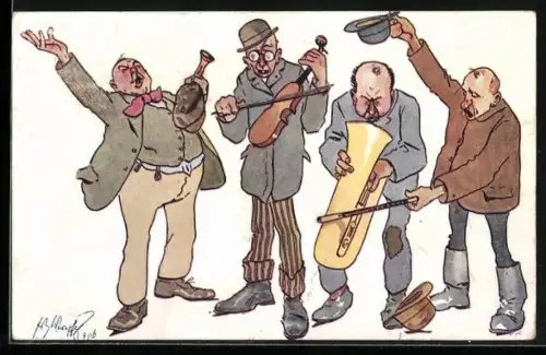 Künstler-AK Fritz Schönpflug: Vier Musikanten mit Instrumenten