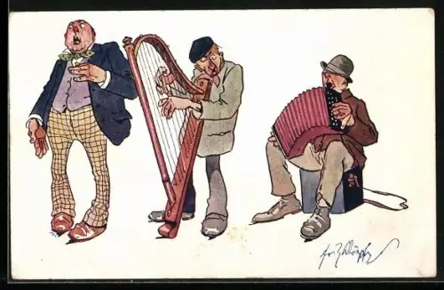 Künstler-AK Fritz Schönpflug: Drei Musikanten mit Instrumenten