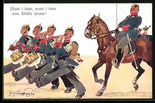 Künstler-AK Fritz Schönpflug: Muss i denn, muss i denn..., Militärkapelle