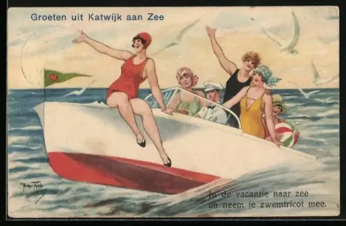 Künstler-AK Arthur Thiele: Frauen im Badeanzug auf einem Motorboot