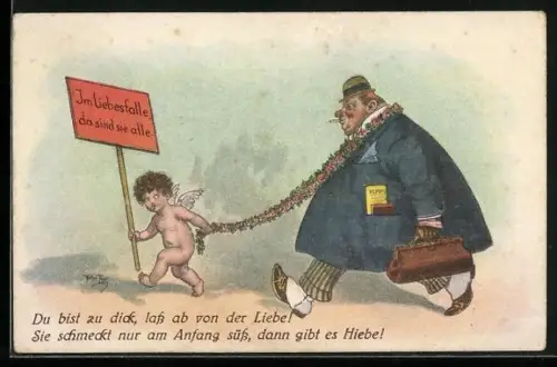 Künstler-AK Arthur Thiele: Amor mit dickem Mann an der Leine