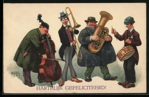 Künstler-AK Arthur Thiele: Vier Musikanten mit Instrumenten, Glückwunsch