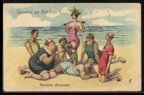 Künstler-AK Arthur Thiele: Die Stranddompteuse mit schmachtenden Verehrern