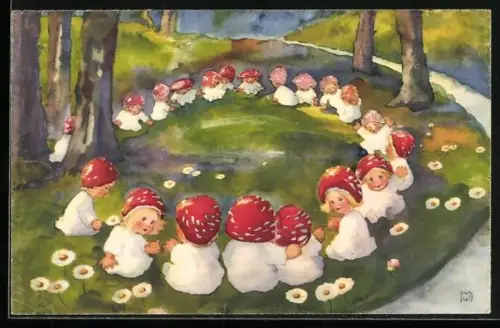 Künstler-AK Milli Weber: kleine Mädchen in weissen kleidern und roten Pilzköpfen sitzen im Wald