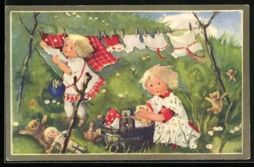 Künstler-AK Milli Weber: Zwei Mädchen waschen Wäsche