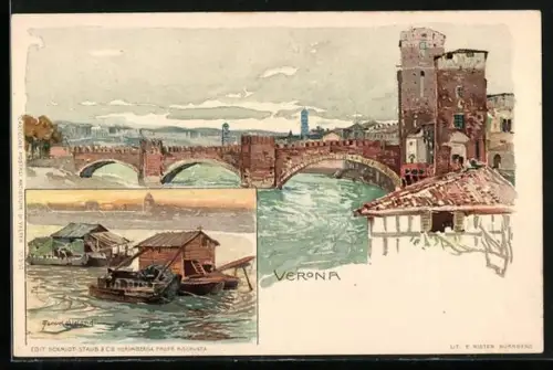 Künstler-AK Manuel Wielandt: Verona, Panorama, Hausboote vor der Küste