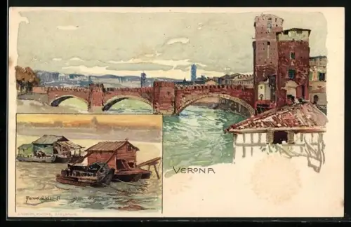 Künstler-AK Manuel Wielandt: Verona, Panorama, Hausboote vor der Küste