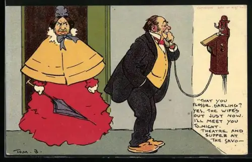 Künstler-AK Tom Browne: Ehefrau hört ihrem Mann beim Telefonieren zu