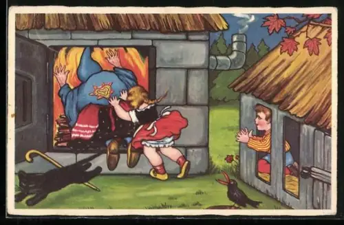 AK Hänsel und Gretel stossen die Hexe in den Ofen