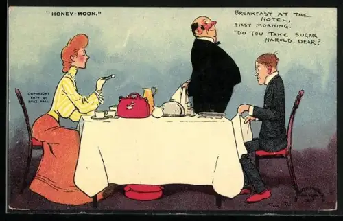 Künstler-AK Tom Browne: Honey-Moon, Breakfast at the hotel, Ehepaar am Tisch