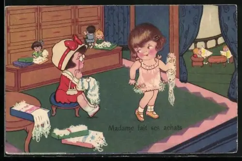 Künstler-AK Margret Boriss: Mädchen probieren Hemden an